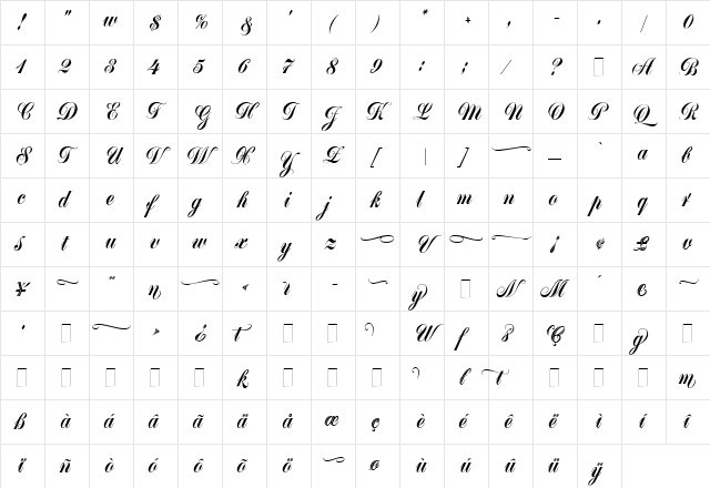 Monika Script Regular  glyph index