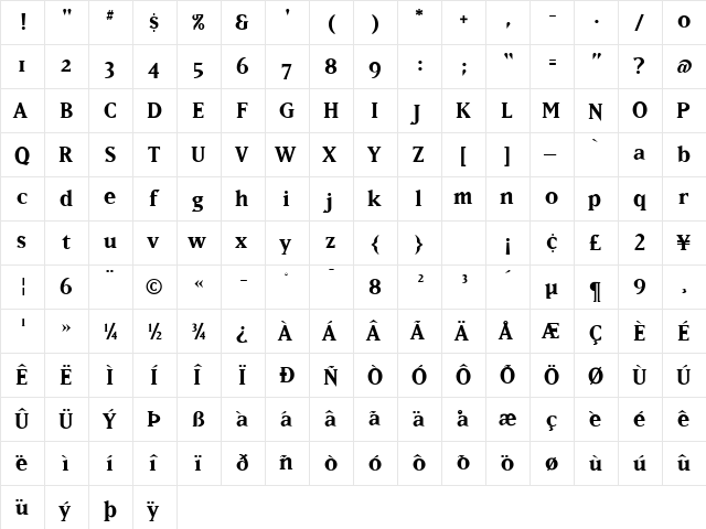 STICadillacBold Regular  glyph index