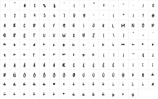Better You Smile Script  glyph index