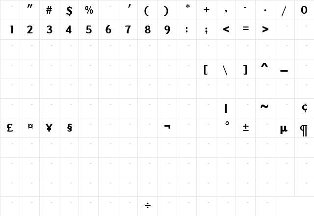 DundeeBoldTab Regular  glyph index