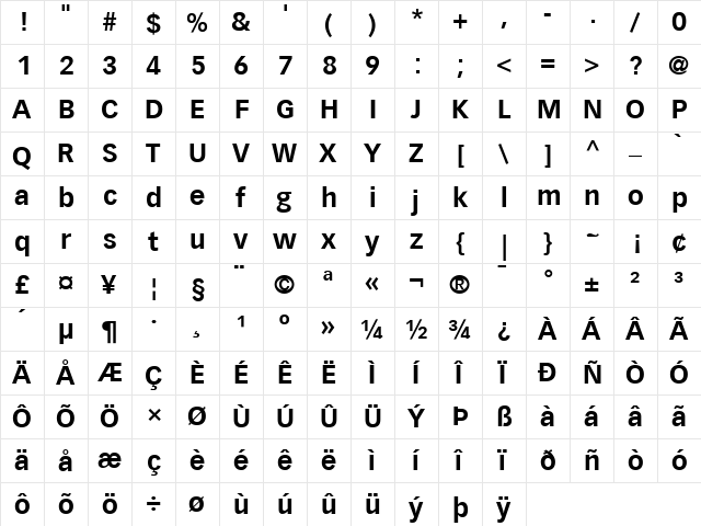 Vectora LH Bold  glyph index