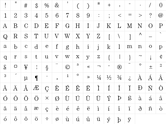 ITCCentury LT Light Regular  glyph index