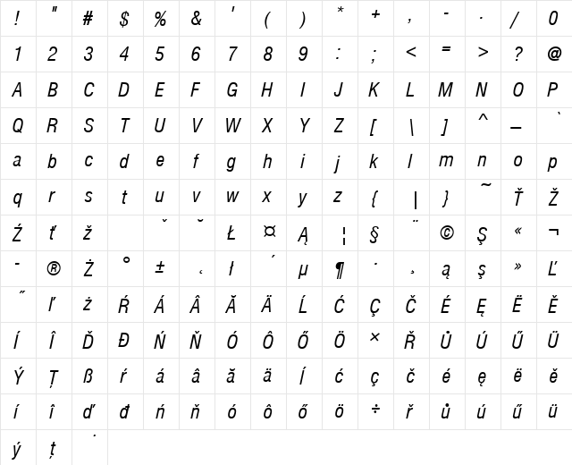 NimbusSanPEECon Italic  glyph index