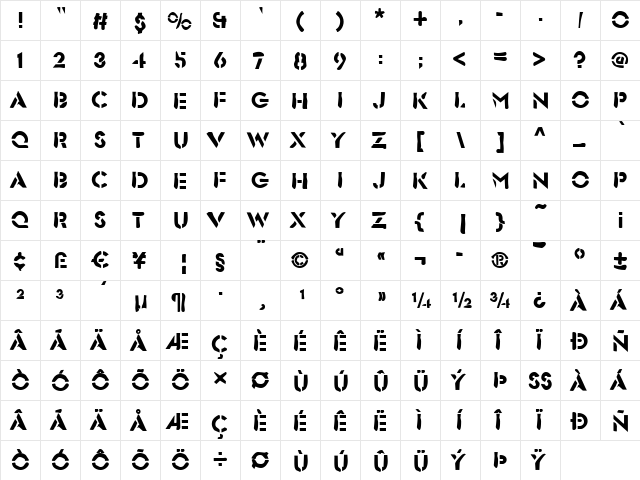 Dirty26 Bold  glyph index