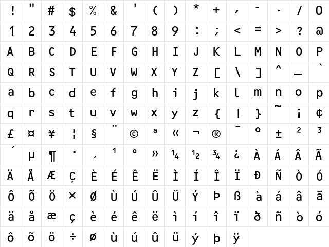 OCRF Regular  glyph index