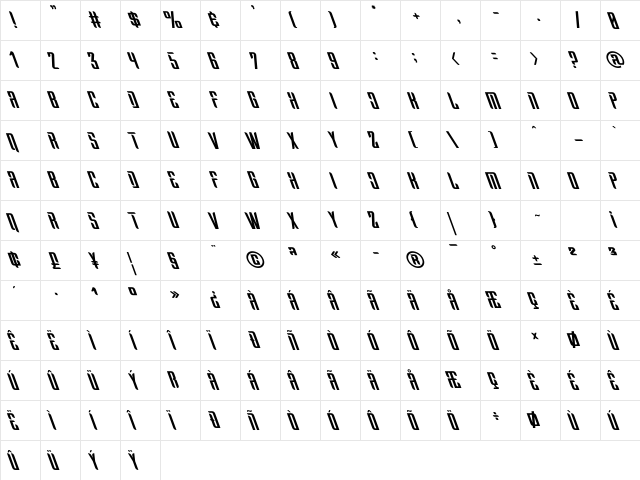 Nevla Oblique Regular  glyph index