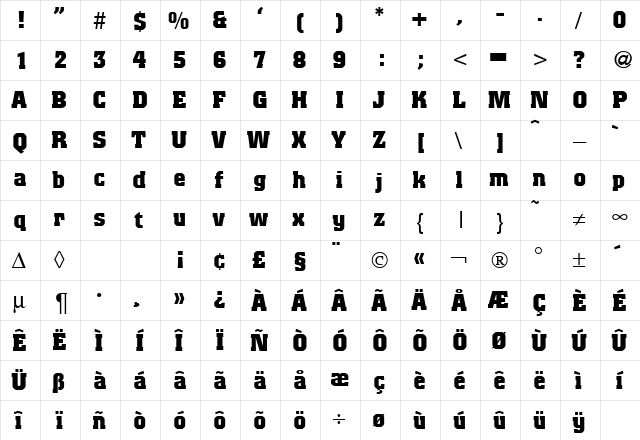 Colorado Bold  glyph index