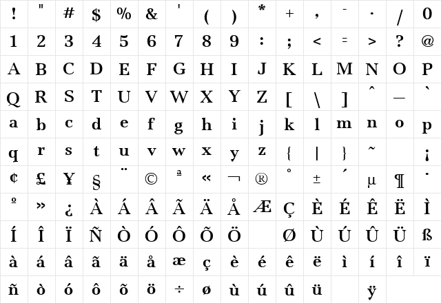 Jamille Bold  glyph index