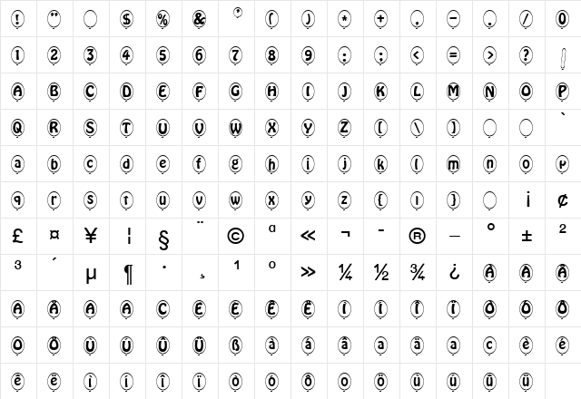 Ballon Becker Normal  glyph index
