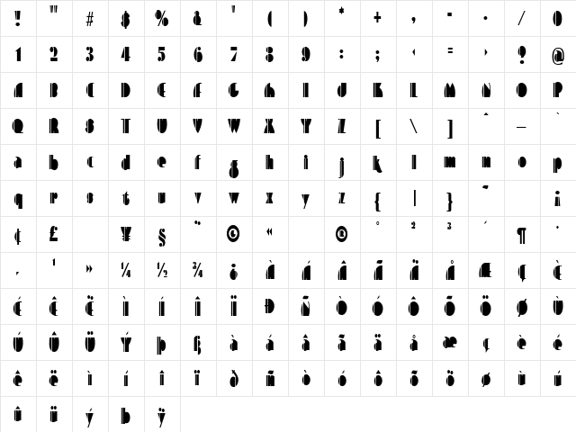 ContemporaryCondensed Regular  glyph index