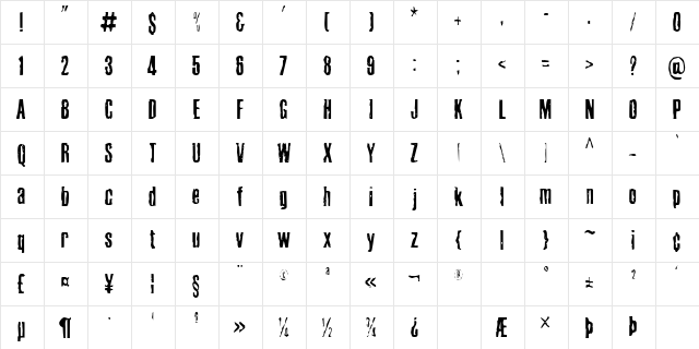 Cabeen Condensed Regular  glyph index