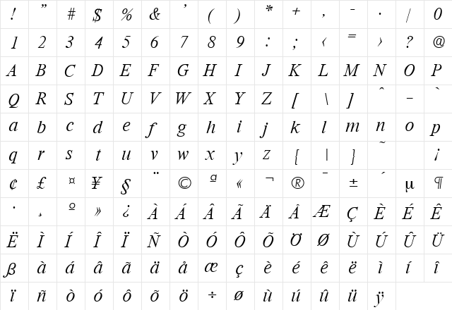 Riccione-Serial-ExtraLight RegularItalic  glyph index