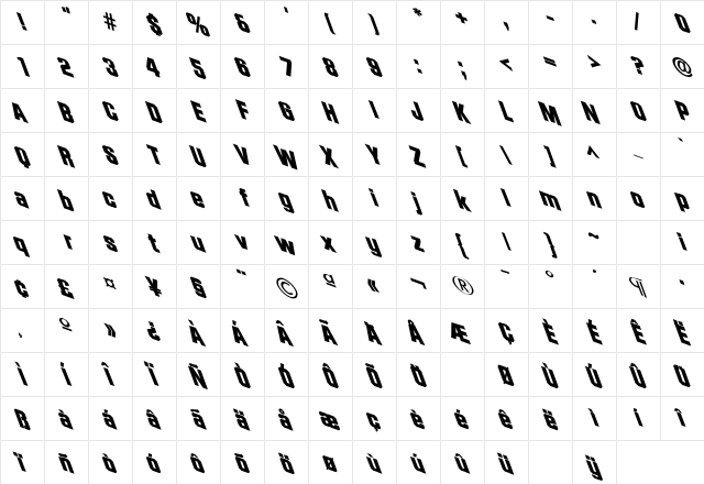 Skewed SF Bold  glyph index