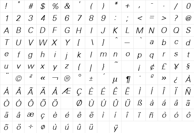 Uniform Light Italic  glyph index