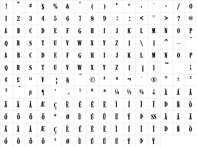 Latin Becker Compress Regular  glyph index