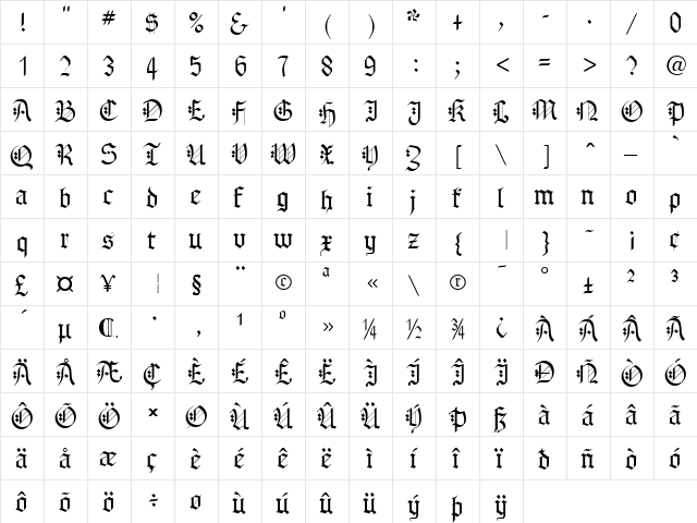 Gothenburg Fraktur Alt Regular  glyph index