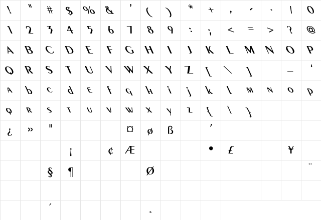 Sailor Extreme Lefti Regular  glyph index