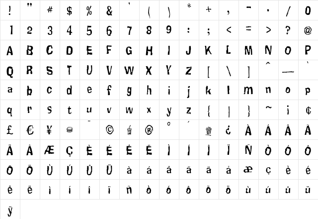 Knucklehead Regular  glyph index