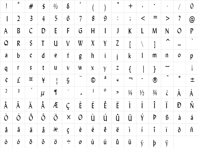 Lynda-Condensed Normal  glyph index