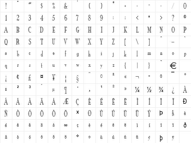 NewEngEngrCondensed Normal  glyph index