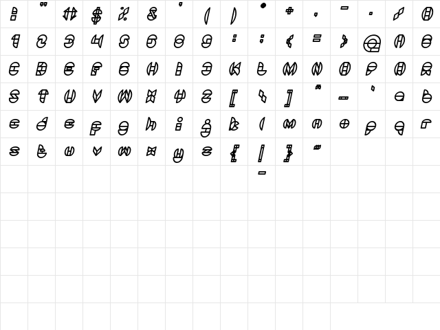 DRAGON FLY Bold Italic  glyph index