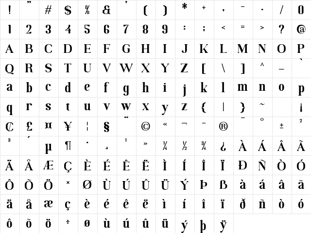 MOODERN Regular  glyph index