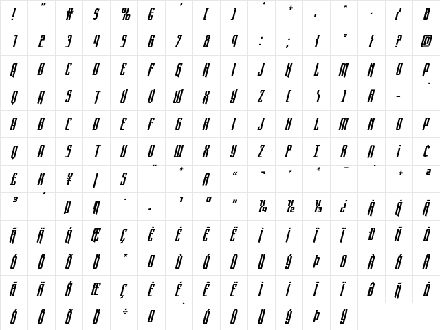 Night Traveler Super Italic Regular  glyph index