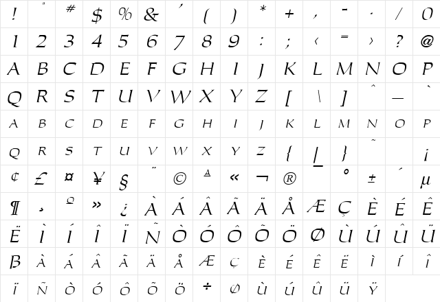 Carla Italic  glyph index