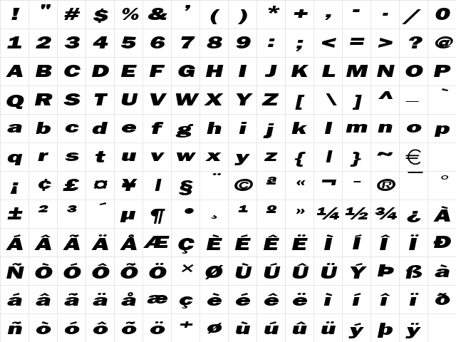 FrancisGothicExtended Italic  glyph index