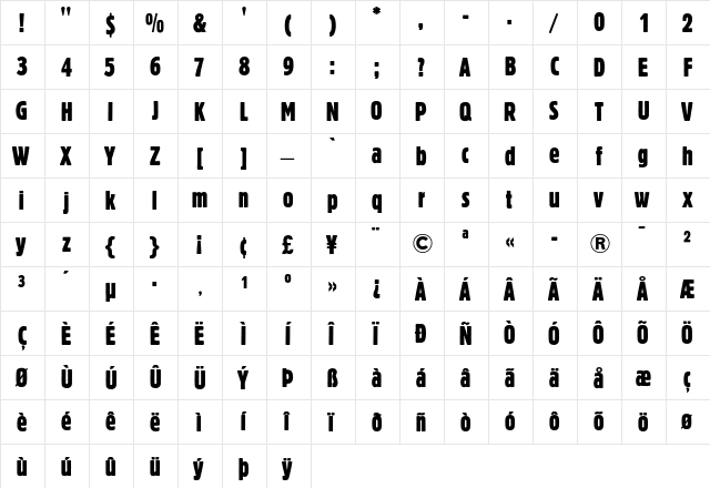 Block Berthold Extra Condensed  glyph index