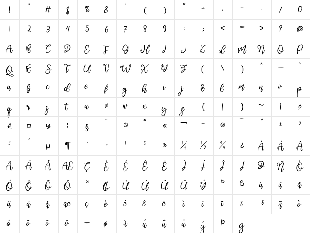 Lesistar Regular  glyph index