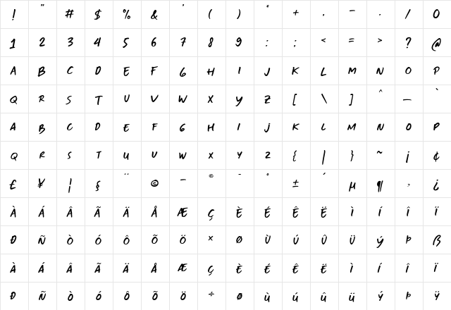 TF Handwriting Regular  glyph index