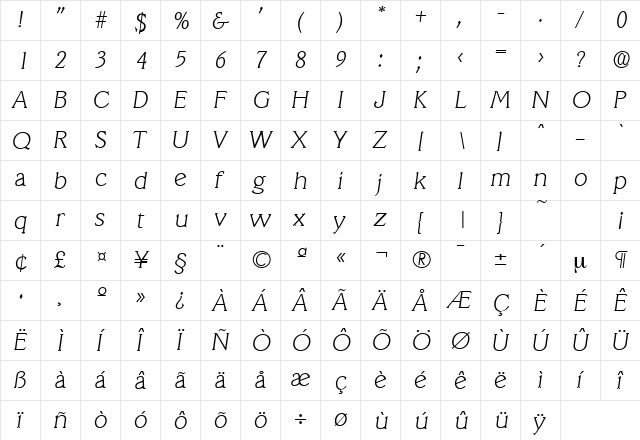 Veracruz-Serial-ExtraLight RegularItalic  glyph index