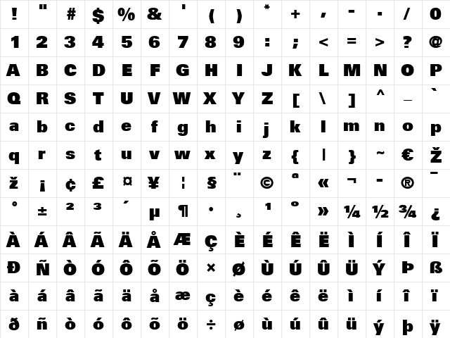 Univers LT 85 ExtraBlack Regular  glyph index