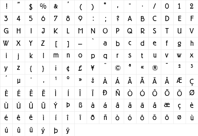 Berliner Grotesk Regular  glyph index