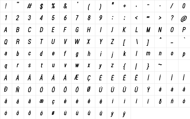 Sanlulus Bold Italic  glyph index