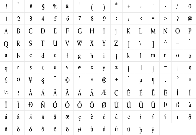 Weiss-Bold Cn Regular  glyph index