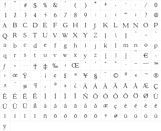 Gascogne-Xlight Regular  glyph index