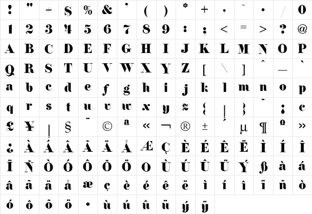 NewDawne Regular  glyph index
