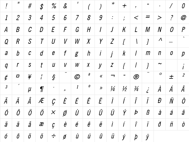 Trade Gothic LT Com Condensed No. 18 Oblique  glyph index