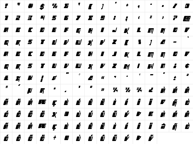 Space Runner Condensed Italic Regular  glyph index