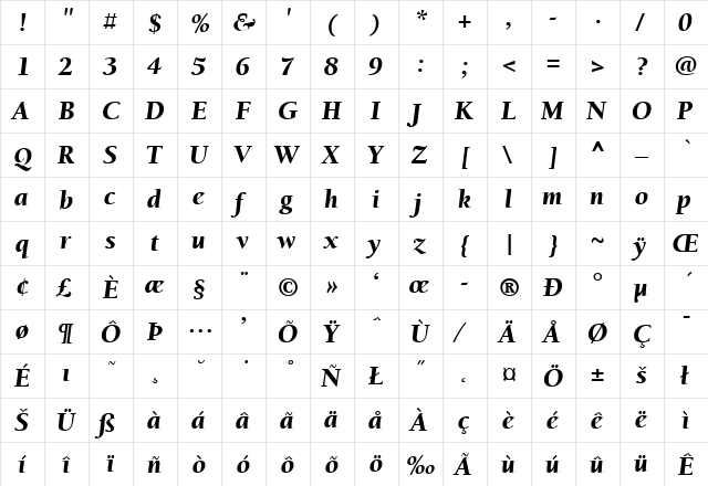 Berkeley-BlackItalic Regular  glyph index