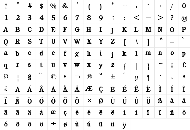 Cushing BQ Regular  glyph index