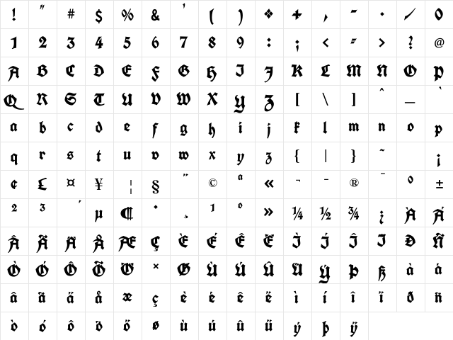 UnifrakturCook Bold  glyph index