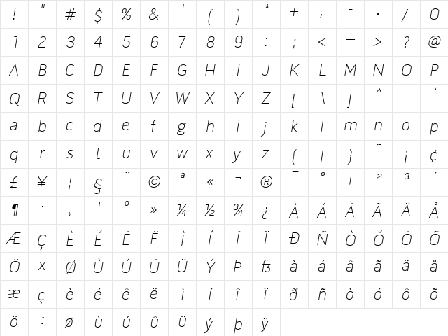 Pill Gothic 600mg Thin Obq  glyph index