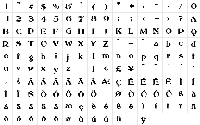 AbottOldStyle Bold  glyph index