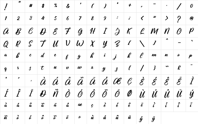Caliyan_Demo Regular  glyph index