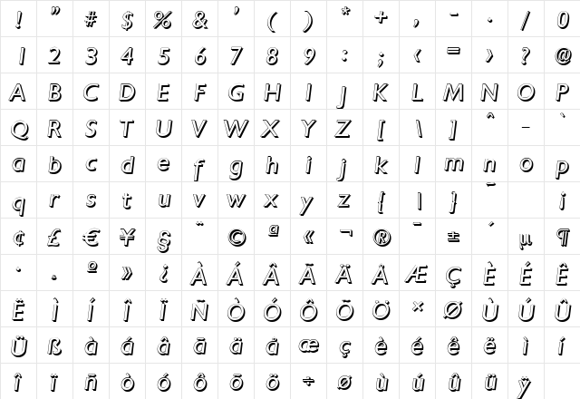 ChantillyShadow Italic  glyph index