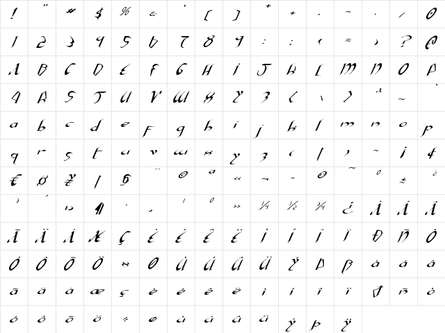 Xaphan Expanded Italic Expanded Italic  glyph index