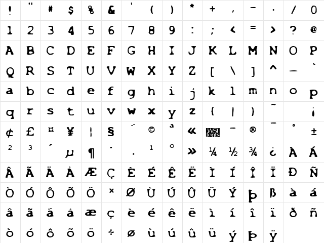 Bleached Regular  glyph index